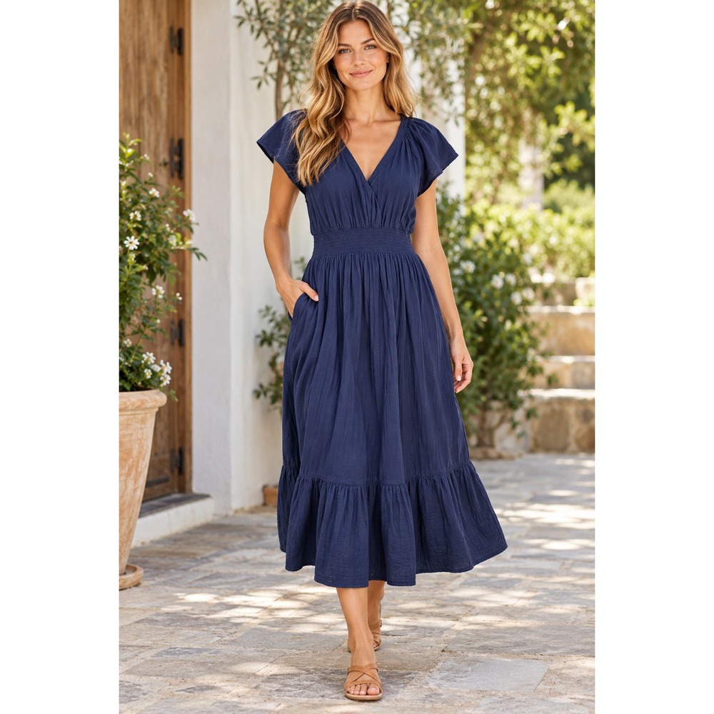Old Navy Cotton Gauze Midi Dress Womens Navy Blue Smocked Tiered V-Neck Large